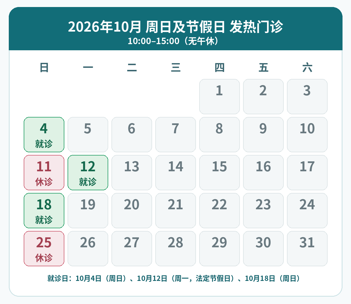 周日及节假日发热门诊日历。本月周日及节假日发热门诊的就诊日为10月4日（周日）、10月12日（周一，法定节假日）、10月18日（周日）。10月11日（周日）、10月25日（周日）休诊。