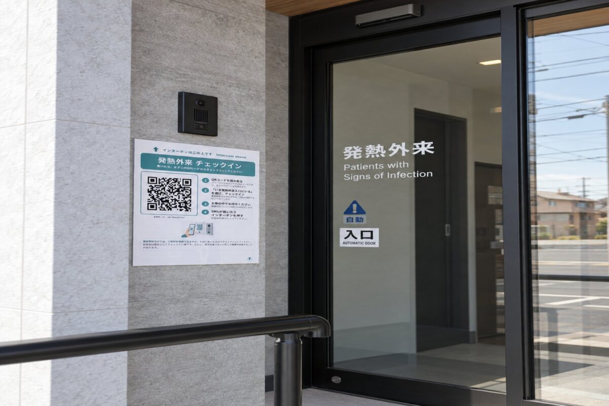 発熱外来入口。インターホンの下にチェックイン用QRコードの掲示