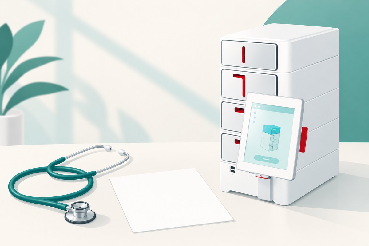 Illustration: a stethoscope, a blank certificate sheet and the BioFire SpotFire PCR instrument on a desk