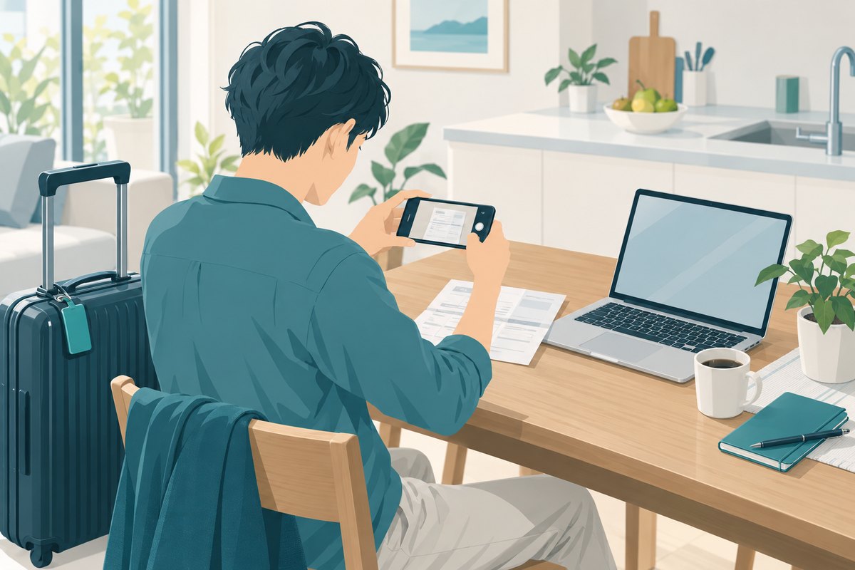 Illustration: back home after a trip, a traveler photographs the medical certificate to send to the insurer