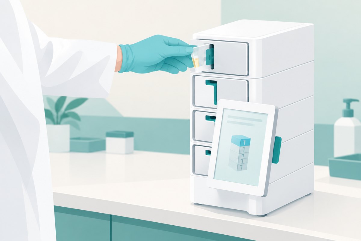 Illustration based on a photo of the BioFire SpotFire system: a gloved hand loads a test pouch into the stacked PCR instrument