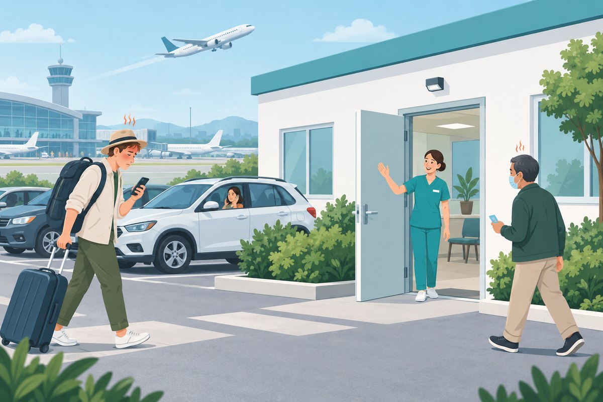 Illustration: a nurse at the open clinic door welcomes a traveler with a suitcase and a local resident holding a health insurance card